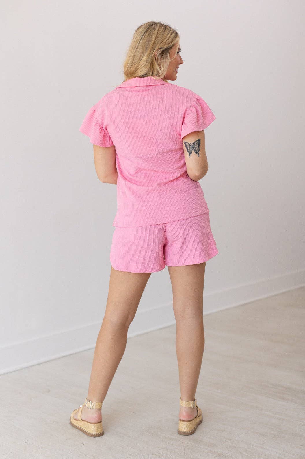 Light Pink Quarter Zip with Flutter Sleeves: Pink / M