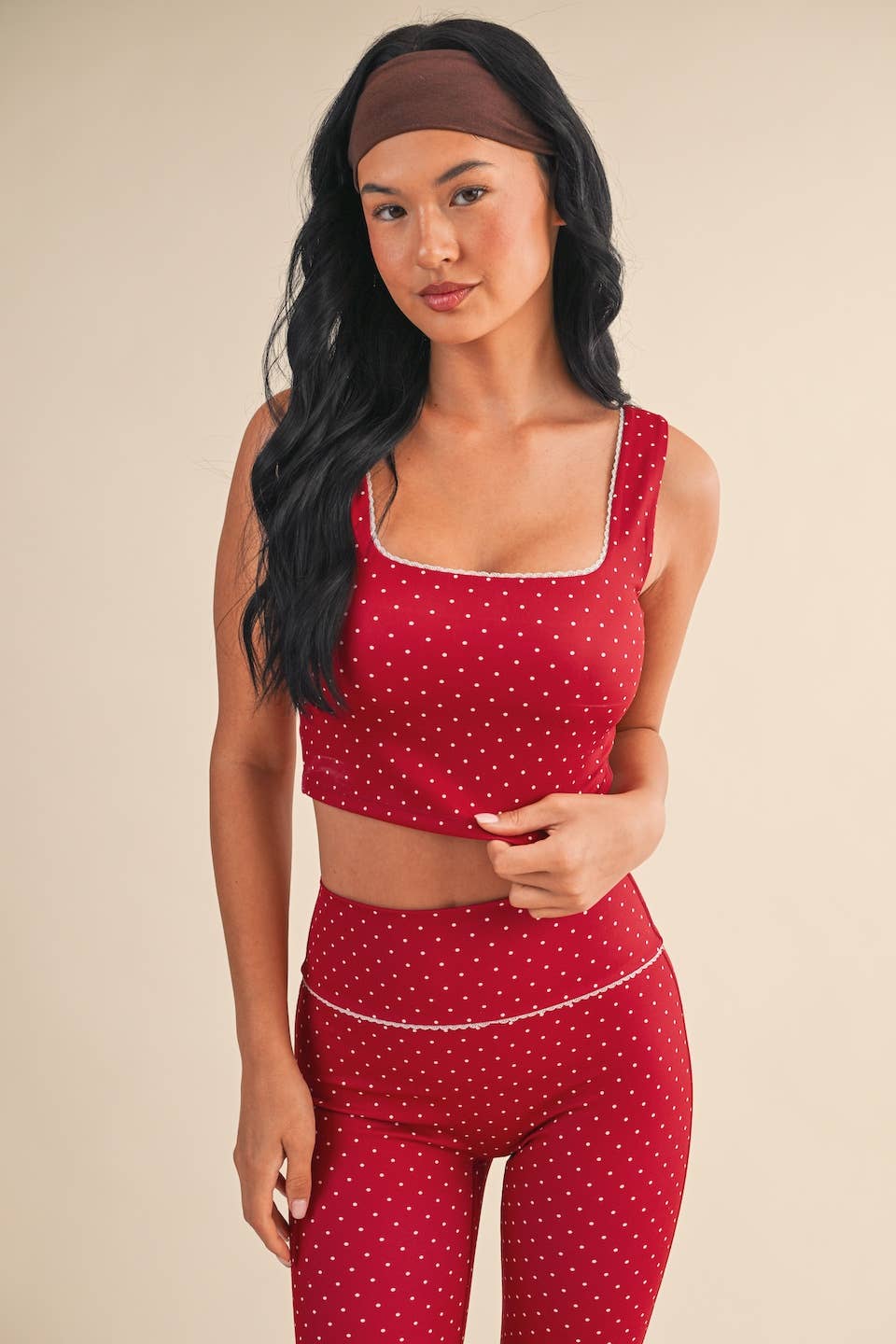 Polka Dot Print Crop Tank with Lace Trim: Black Polka Dot / L