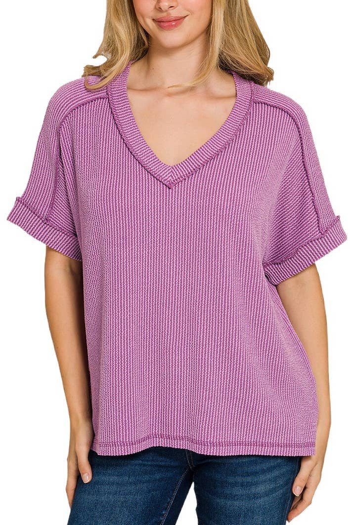 Raised Rib Short Sleeve Hi-low V Neck Top: RUBY / 3-3(S/M-L/XL)