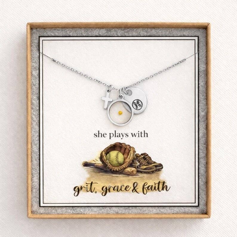 Softball Cross Mustard Seed Necklace for Girl – Faith Based Softball Player Gift, Christian Athlete Jewelry, Senior Night Gift: Gold Add Gift Box / Without Mustard Seed