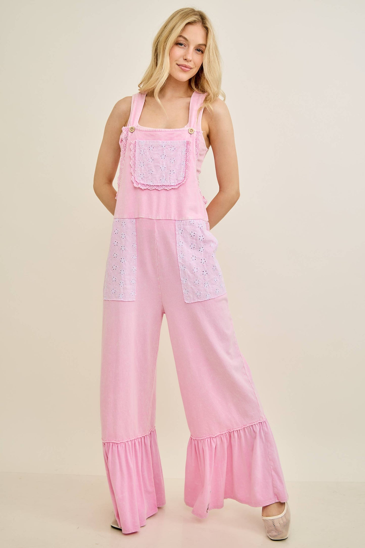 Mineral Washed Tea Party Ruffle Jumpsuits HJ7065: CottonCandy / S-M-L / 2-2-2