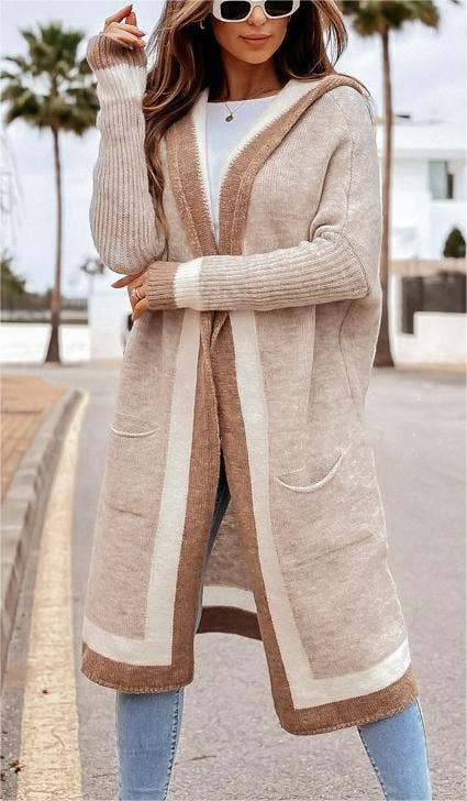 Casual versatile hooded long cardigan sweater: Rose_red / M