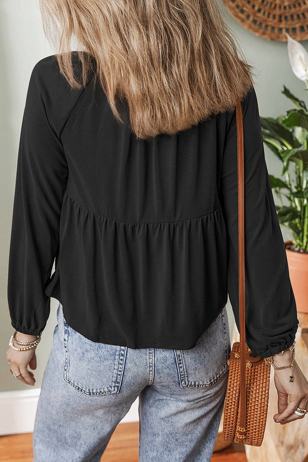 LDC Smocked Bust Buttoned Split V Neck Flow Fit Blouse: Cinnamon / S