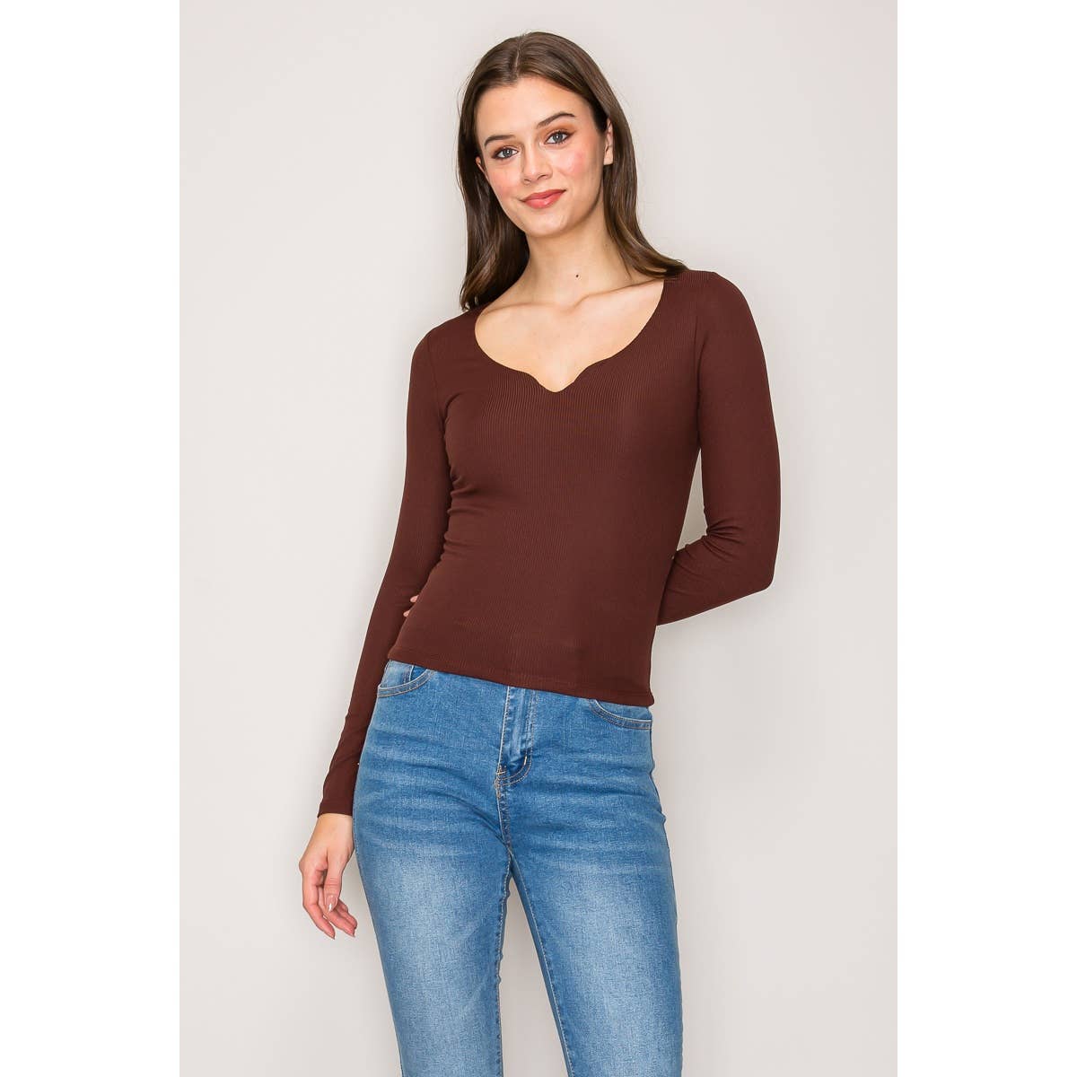 Notch Scoop Neck Double Layer Long Sleeve Knit Top: Botanical Garden/Hunter / S-M-L(2-2-2)