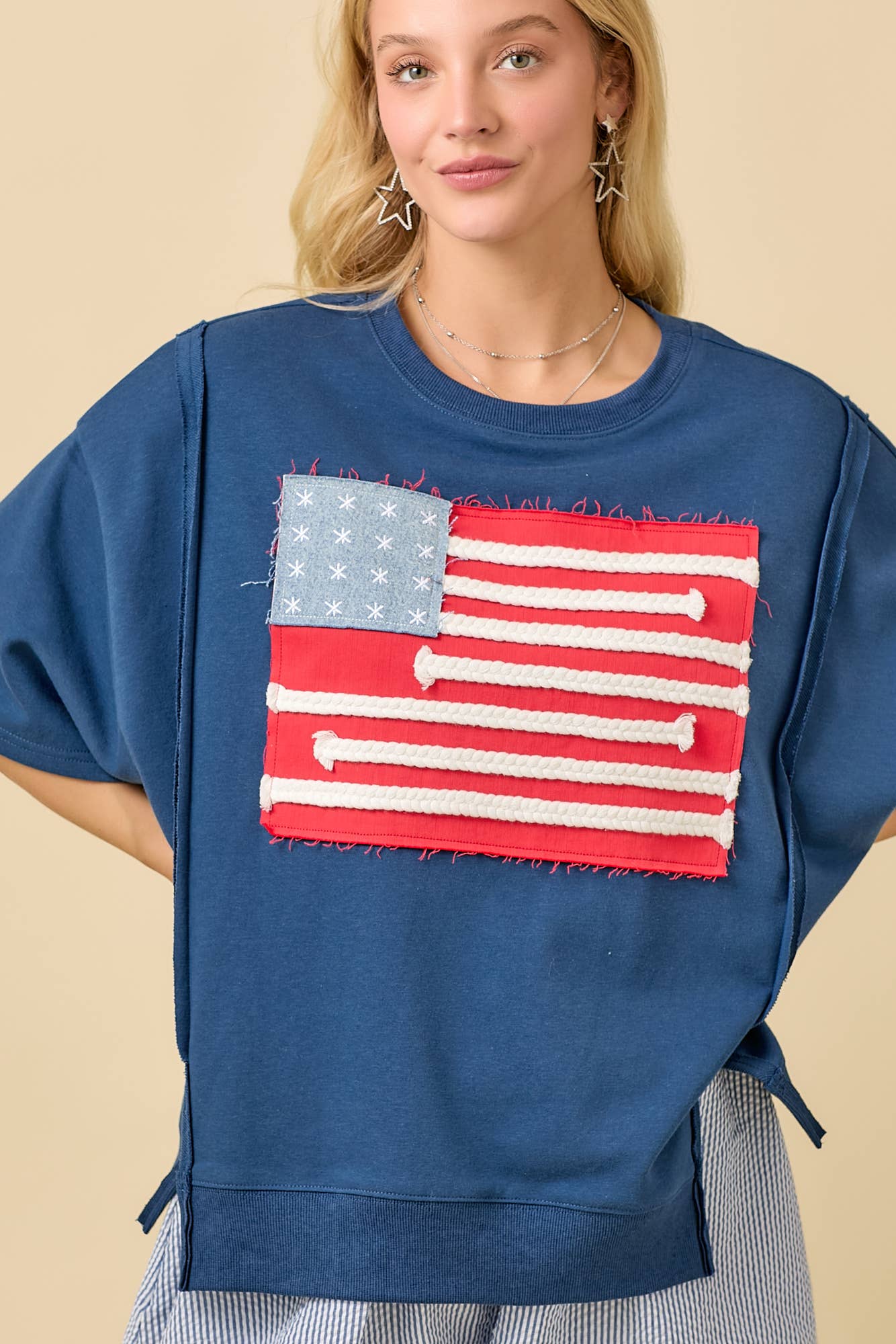 Boxy Wide Short Sleeve Top With American Flag Patchwork: DARK BLUE / M