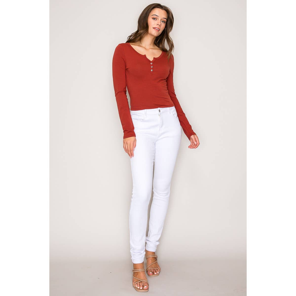 Notch V Neck Button Front Long Sleeve Cotton Top: Chili Oil / S-M-L(2-2-2)