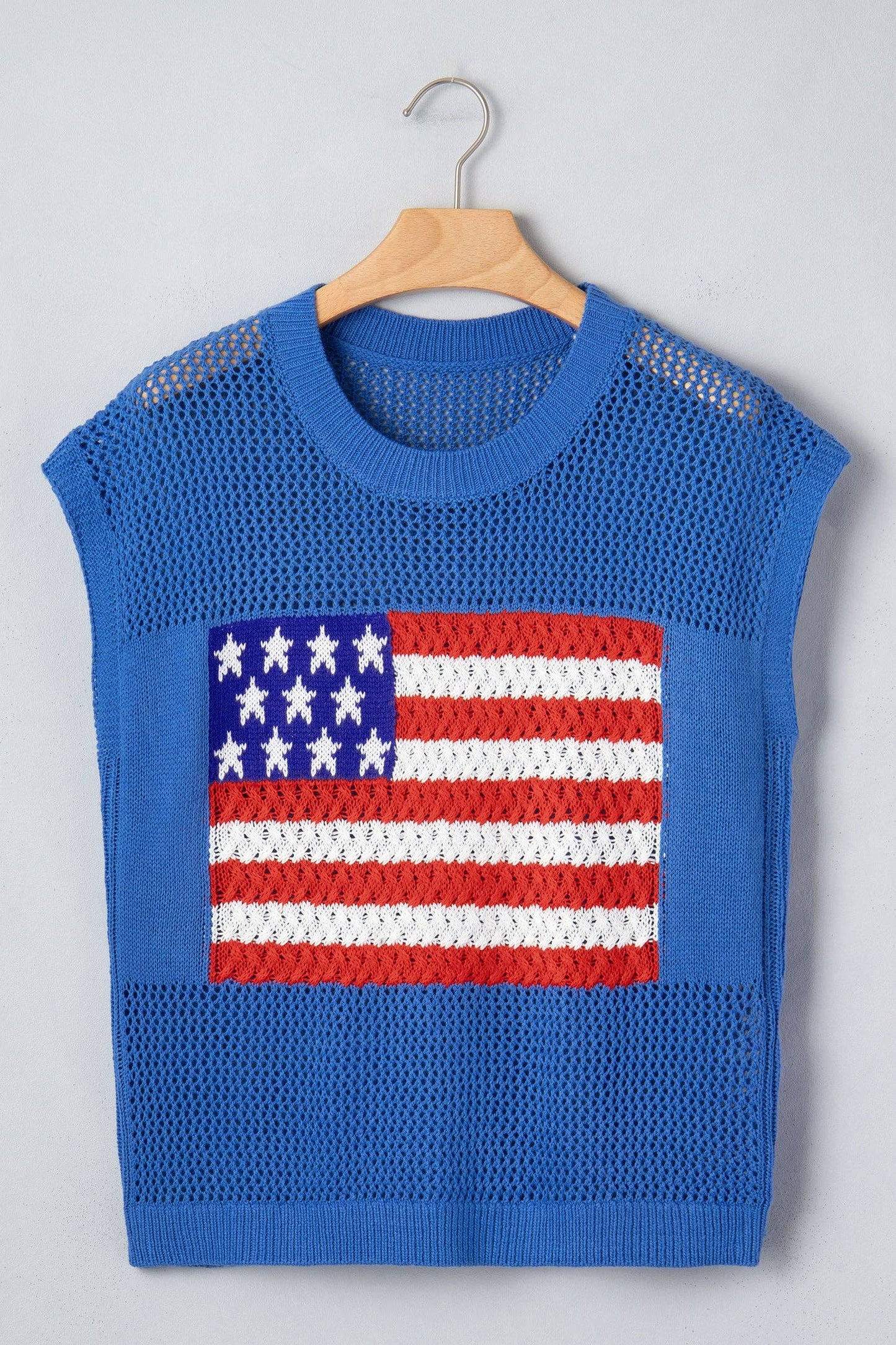 Blue American Flag Knit Short Sleeve Sweater Top: Sky Blue / 100%Acrylic / S