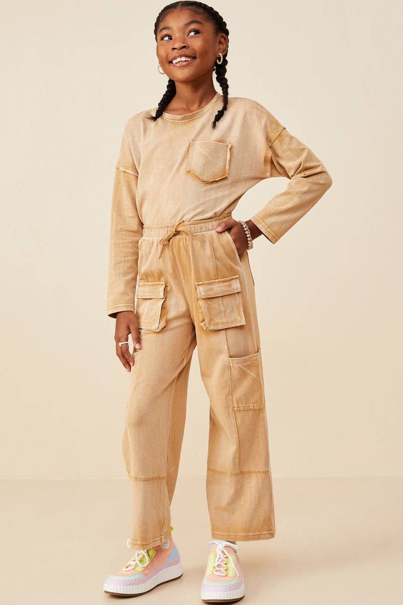 Girls Washed Cargo Pocket Detail Wide Leg Knit Pants - 4Pc: Rust / Pack