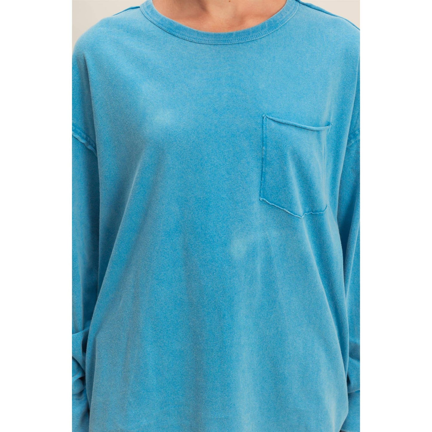 Oversized Washed Long Sleeve Pocket Tee: BLACK / S-M-L(2-2-2)