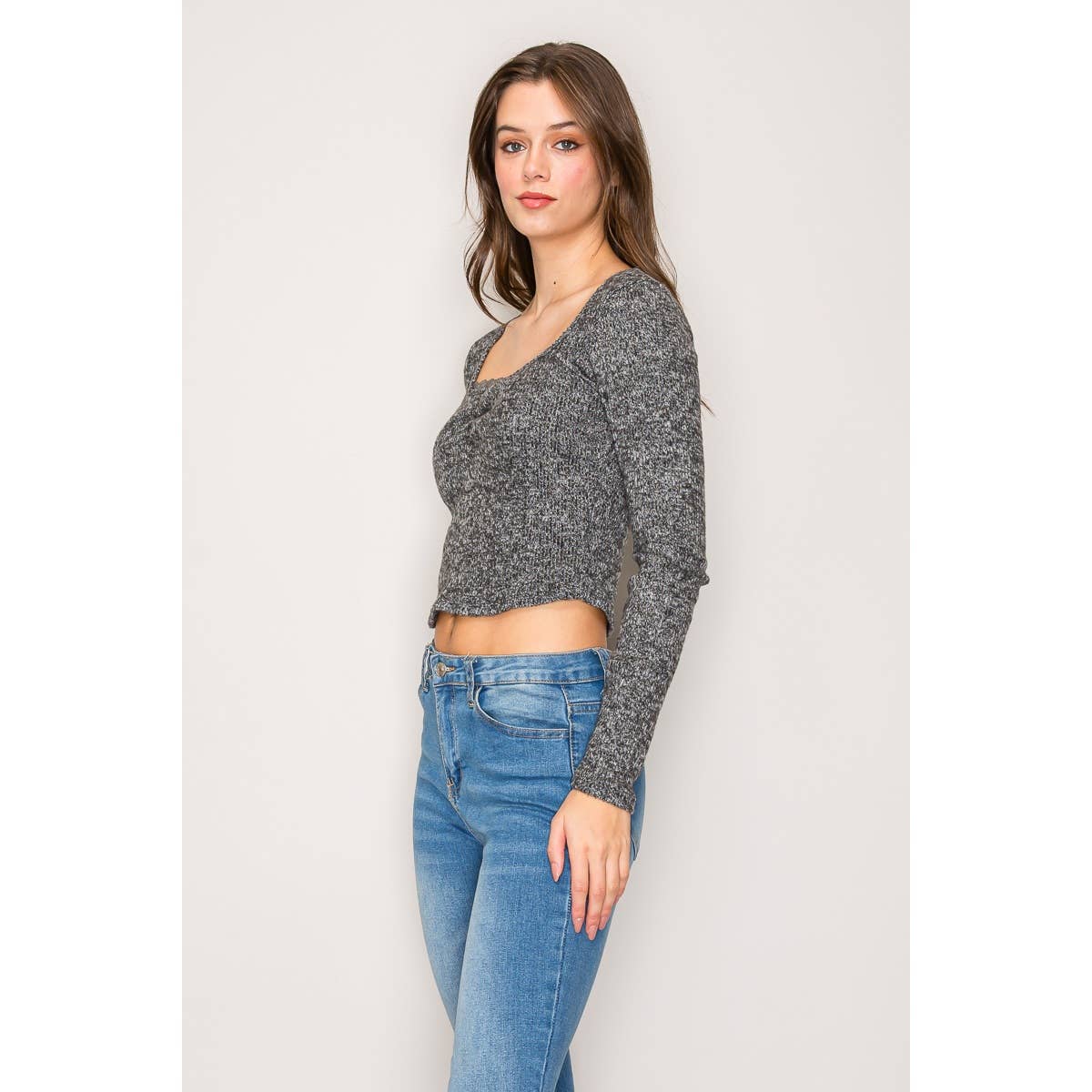 Square Neck Long Sleeve Top with Lace Trim: Black / S-M-L(2-2-2)