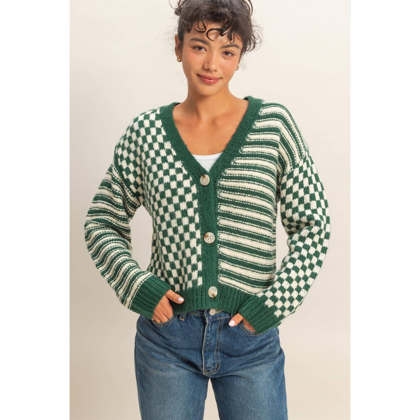 Checker And Stripe Contrast Knit Cardigan Sweater: SOFT PINK/CREAM / S-M-L(2-2-2)