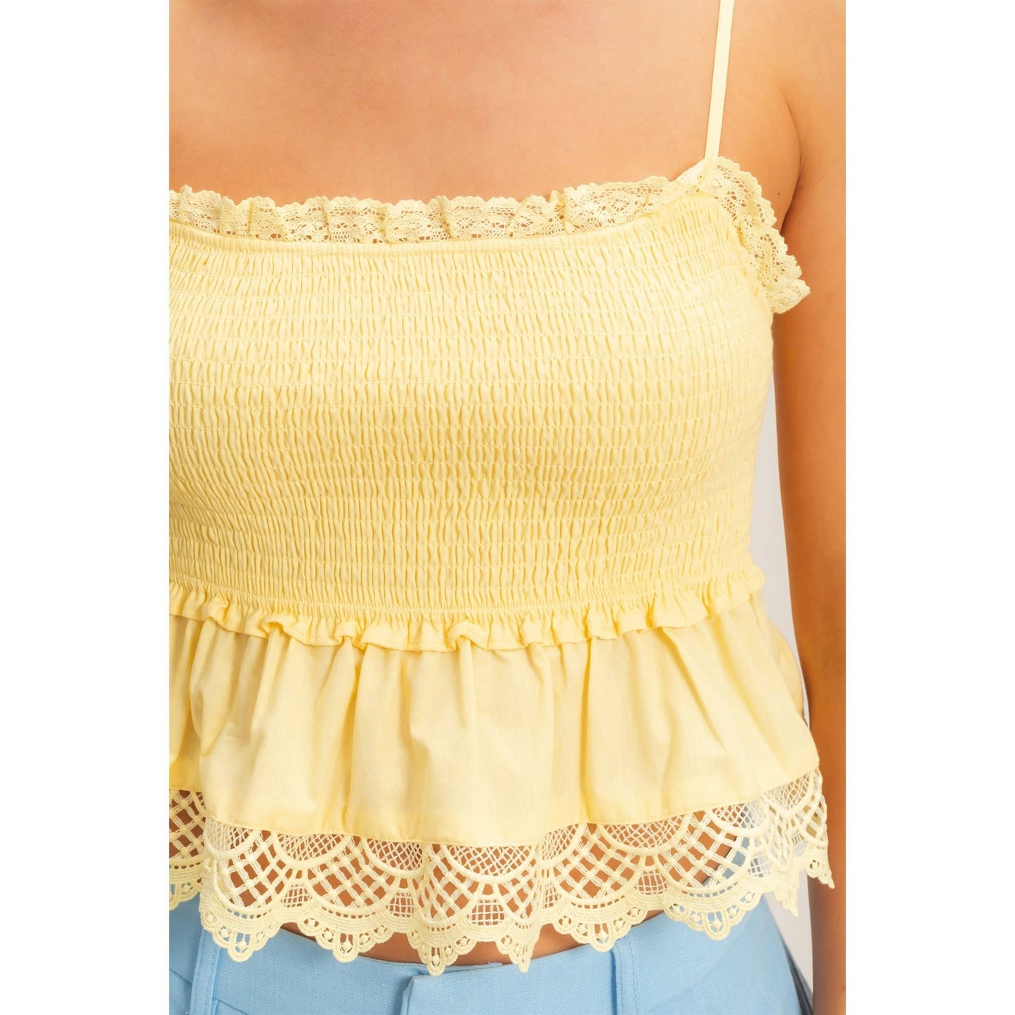 Smocked Peplum Top With Lace Trim: YELLOW / S-M-L(2-2-2)