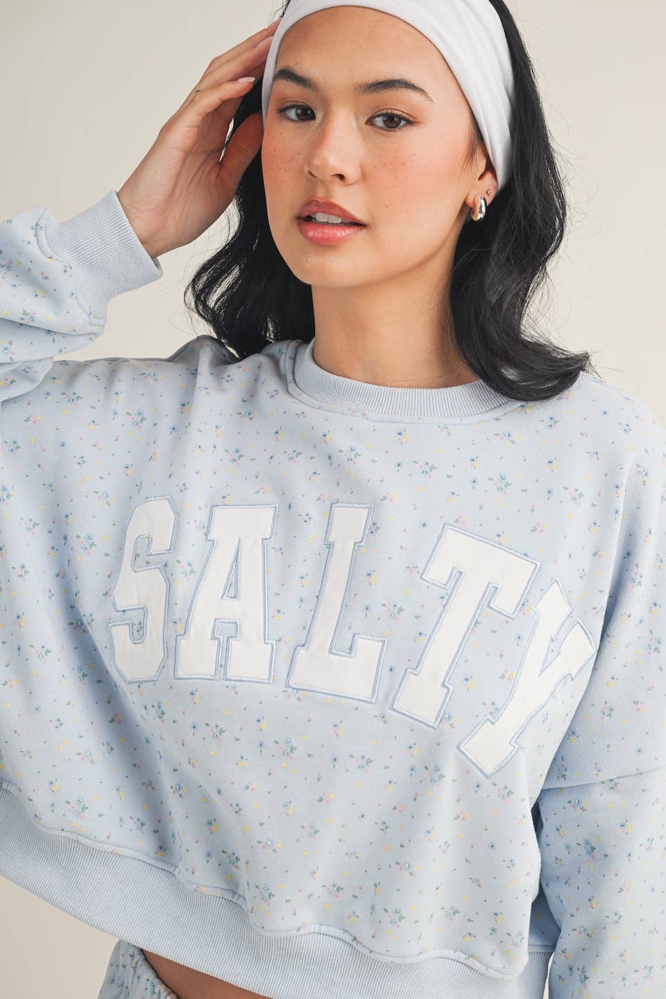 Salty Ditsy Print Crewneck Crop Sweatshirt: Pink Ditsy / S