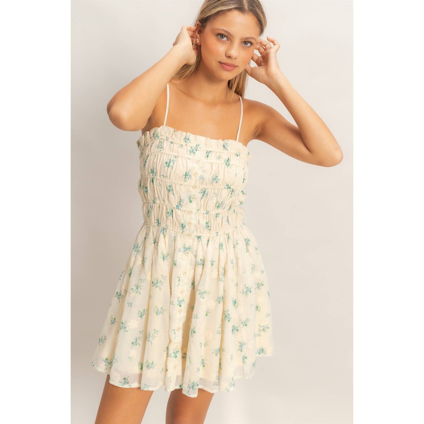 Shirred Floral Button-Front Mini: PINK / S-M-L(2-2-2)