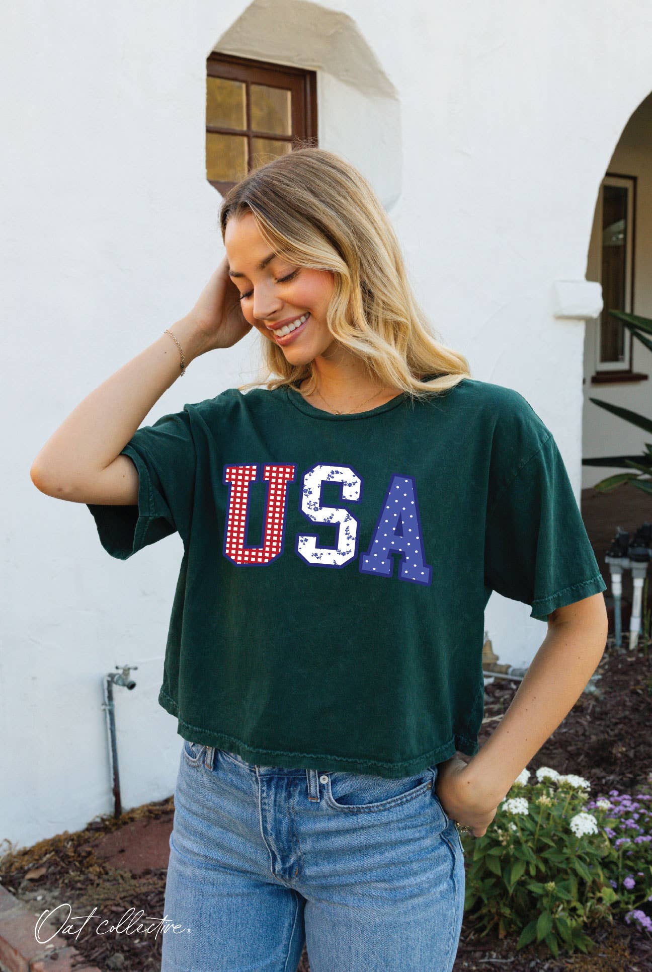 USA WITH PATTERN Cropped Mineral Graphic Top : CREAM / S