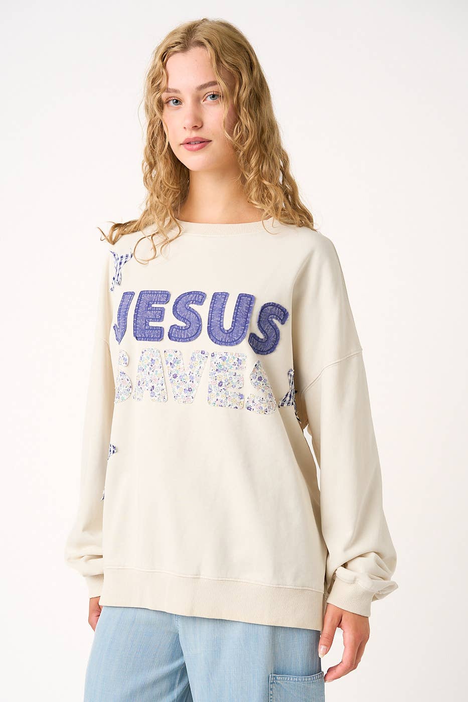 JESUS SAVES PATCHWORK CREW NECK SWEATSHIRT: ICY PINK / S-M-L(2-2-2)