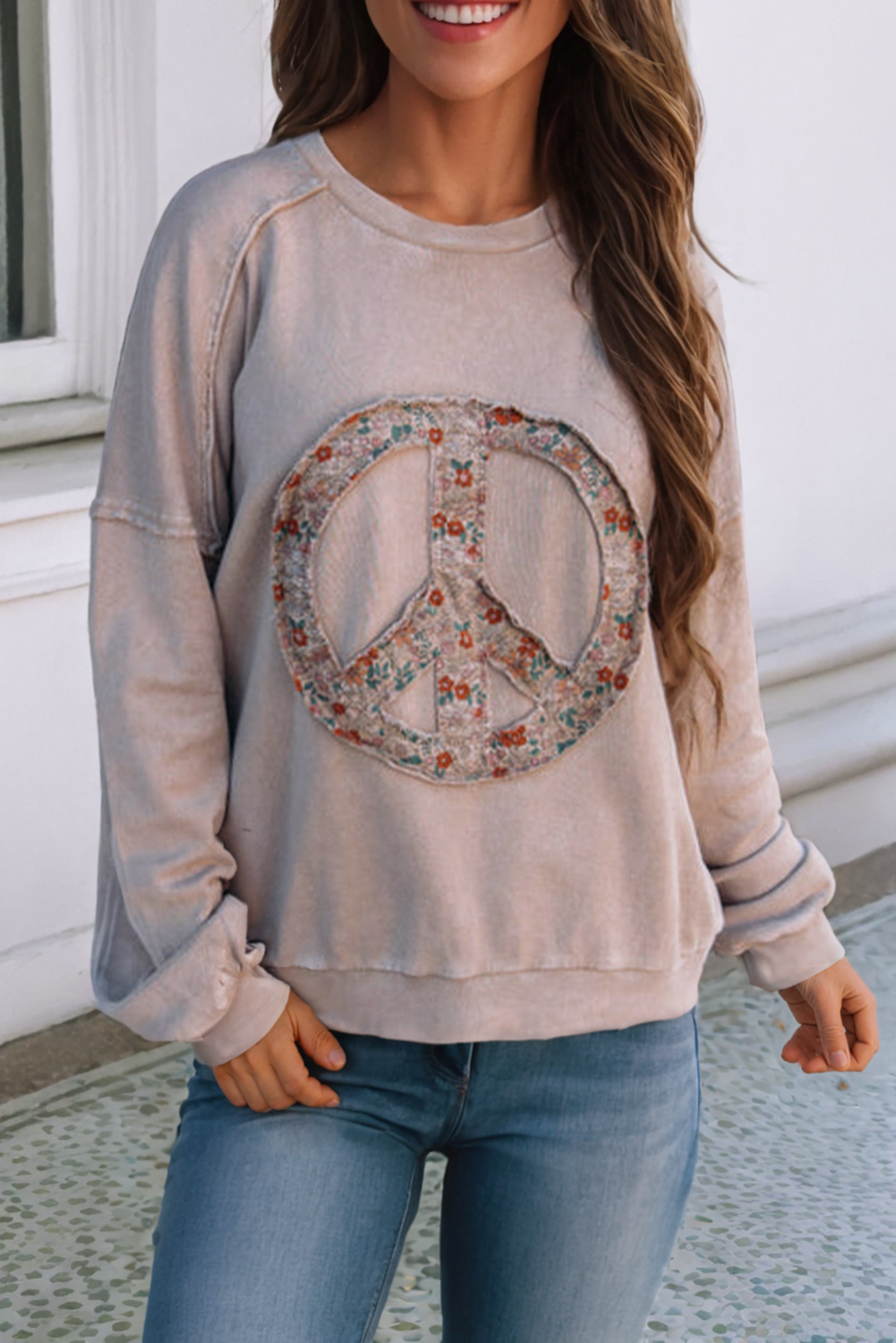 LDC Floral Peace Symbol Drop Shoulder Sweatshirt: As Shown / L