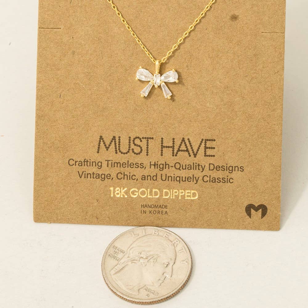 Rhinestone Ribbon Bow Pendant Necklace: G