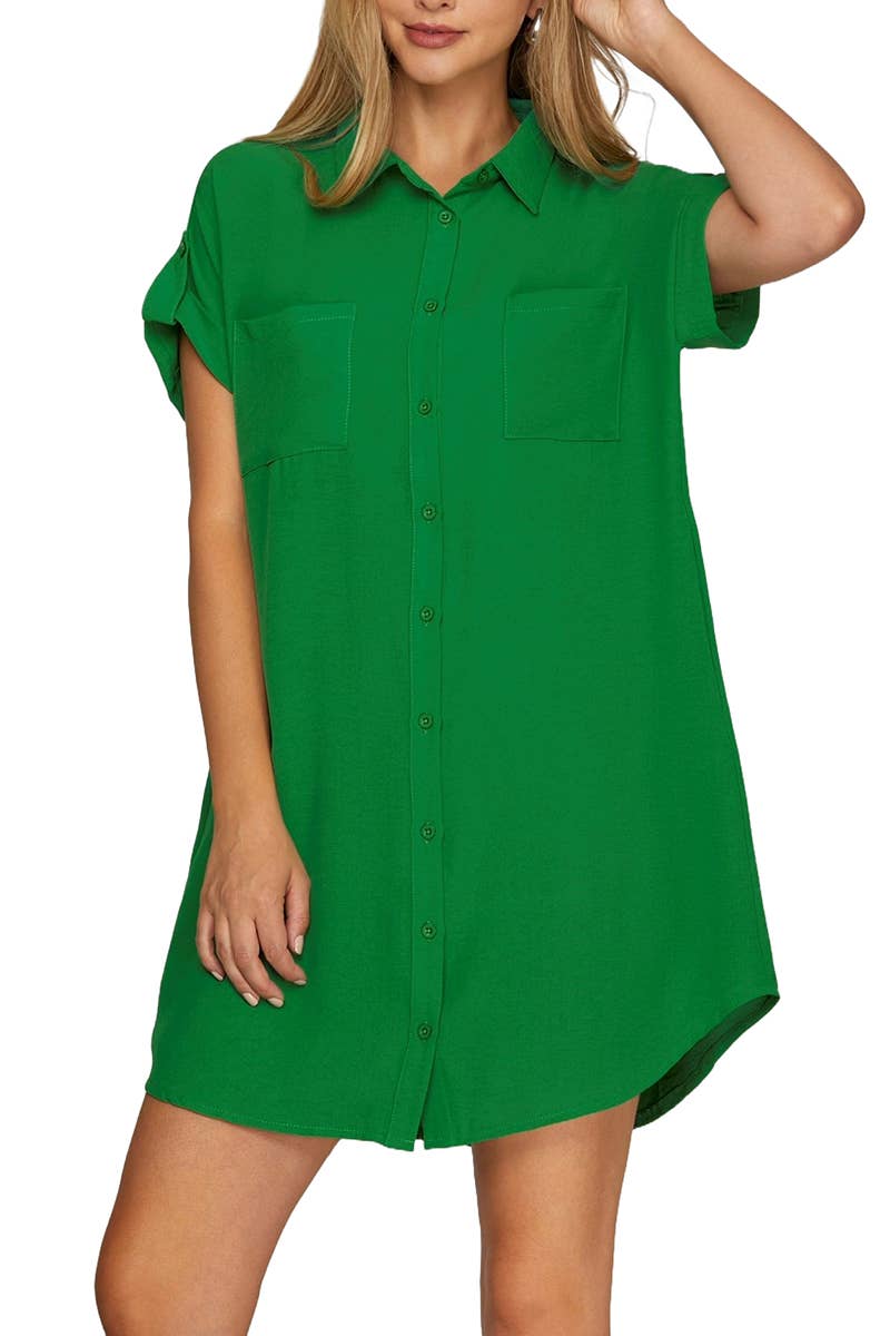 Drop Shoulder Button up Woven Shirt Dress: GREEN / 2-2-2 (S-M-L)