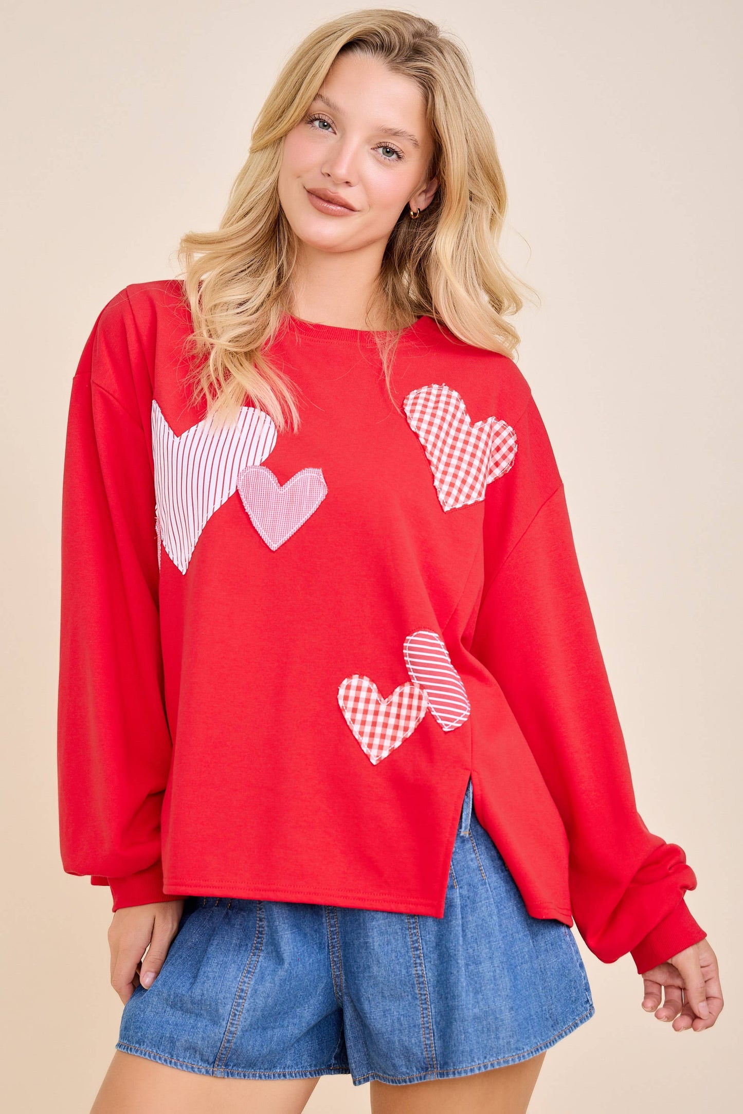 Red Heart Patchwork Sweatshirt – Valentine Pullover: RED / S