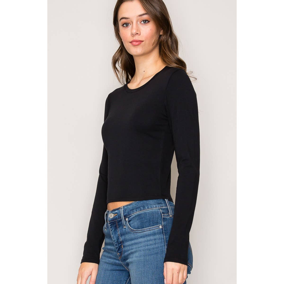 Crew Neck Long Sleeve Crop Top: Black / S-M-L(2-2-2)