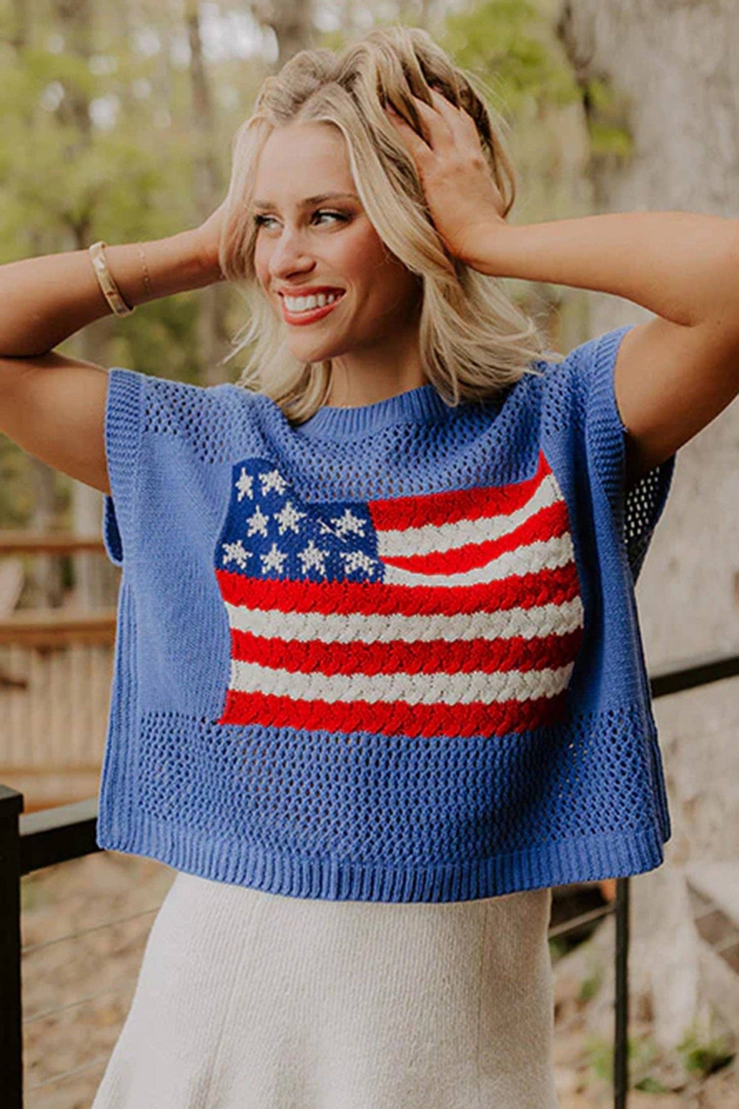 Blue American Flag Knit Short Sleeve Sweater Top: Sky Blue / 100%Acrylic / S