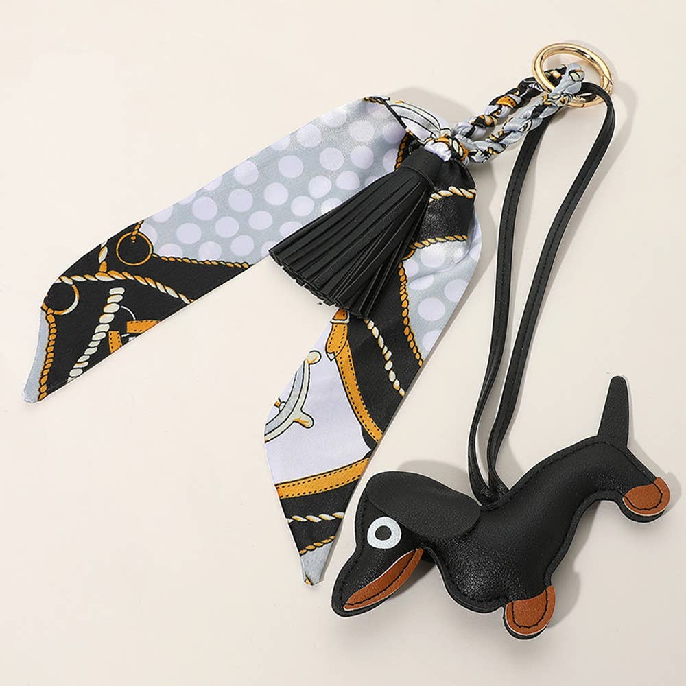 Faux Leather Dog Tassel Scarf Keychain / Bag Charm: Black