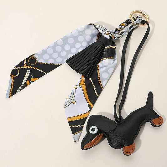 Faux Leather Dog Tassel Scarf Keychain / Bag Charm: Black