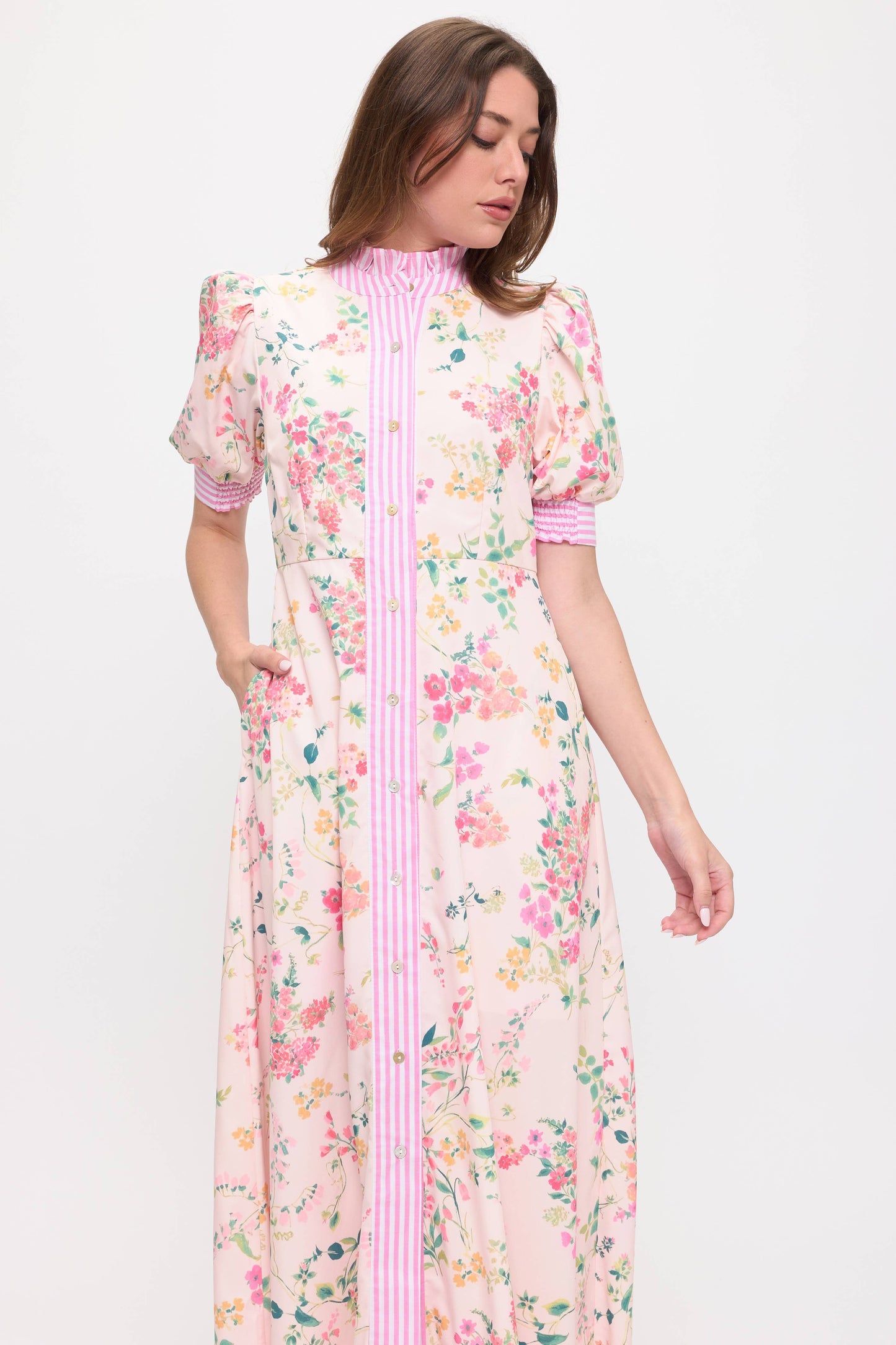 Floral Shirt Midi Dress: Light Pink / 2 S - 2 M - 2 L - 2 XL