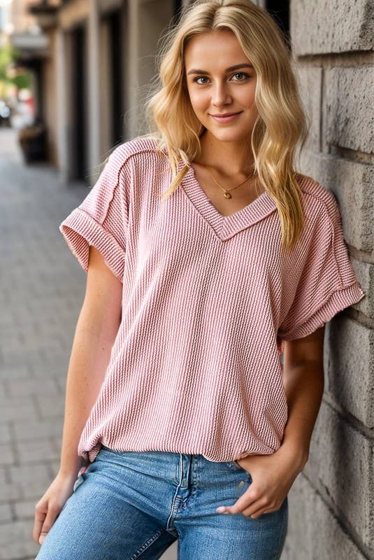ET7484-10 SOLID URBAN RIBBED TOP: HOT PINK / 2-2-2 (S-M-L)