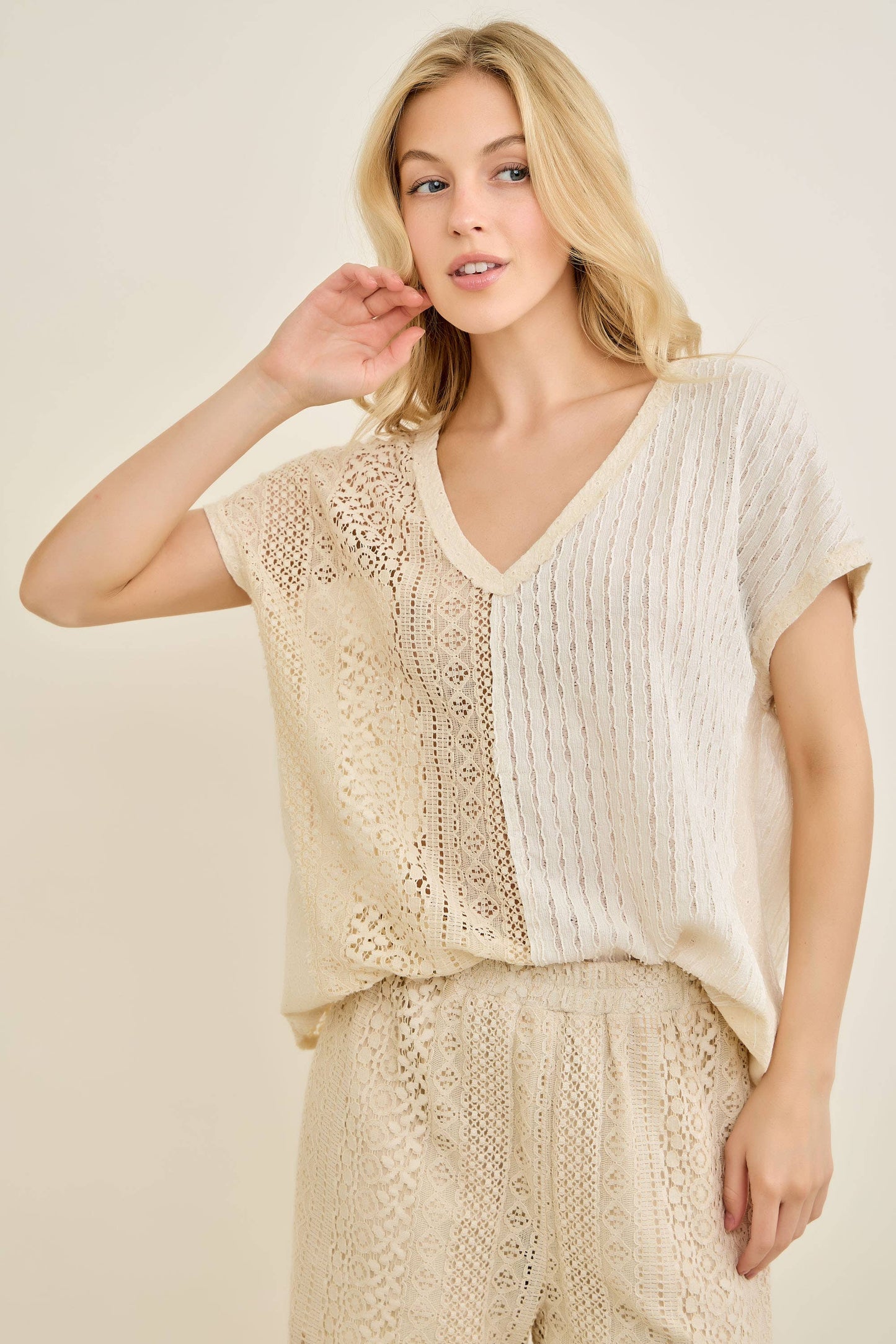 Mineral Washed Just a Boho Chic Lady Blouse HT7389: Latte / S-M-L / 2-2-2