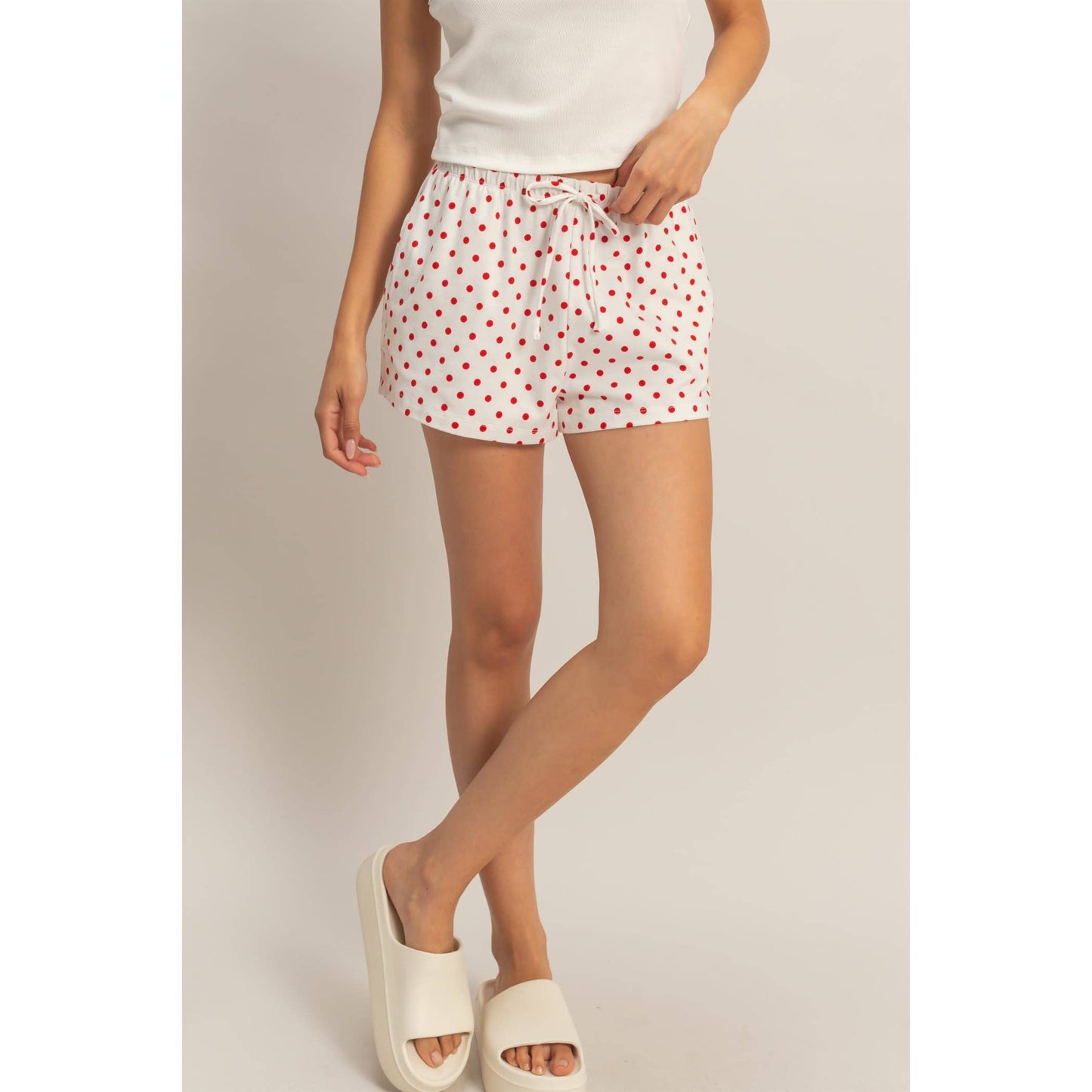 Polka Dot Drawstring Shorts: BROWN / S-M-L(2-2-2)