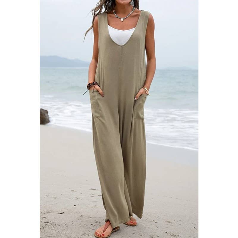 New Solid Color Pocket Fashion Jumpsuit : OLIVE GREEN / S