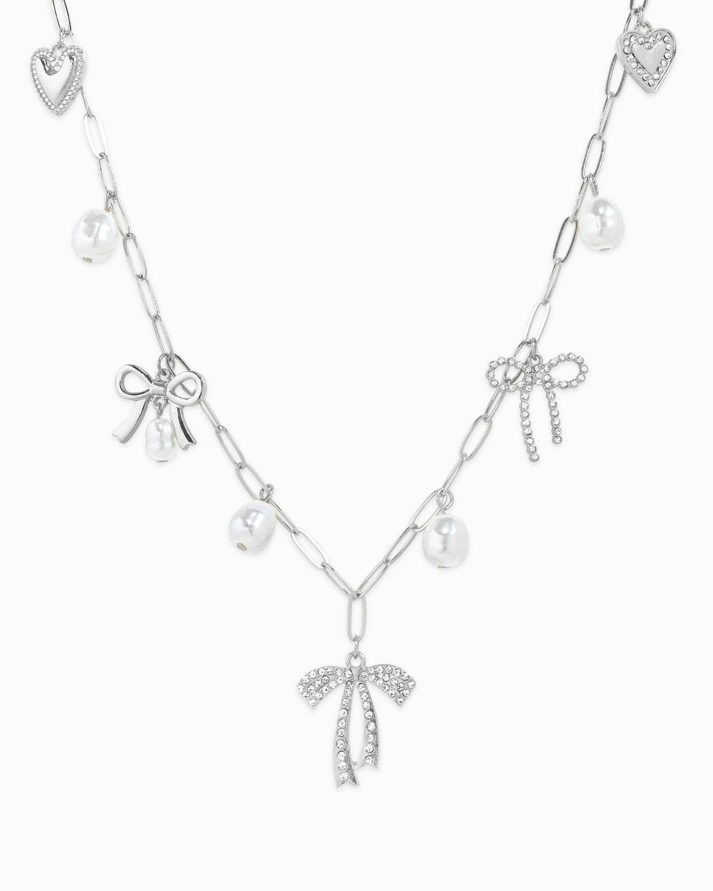 Multi Pearl Bow Charm Necklace: Rhodium