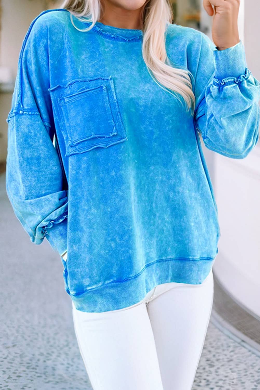 LDC Solid Acid Wash Pocket Pullover: Blue / S