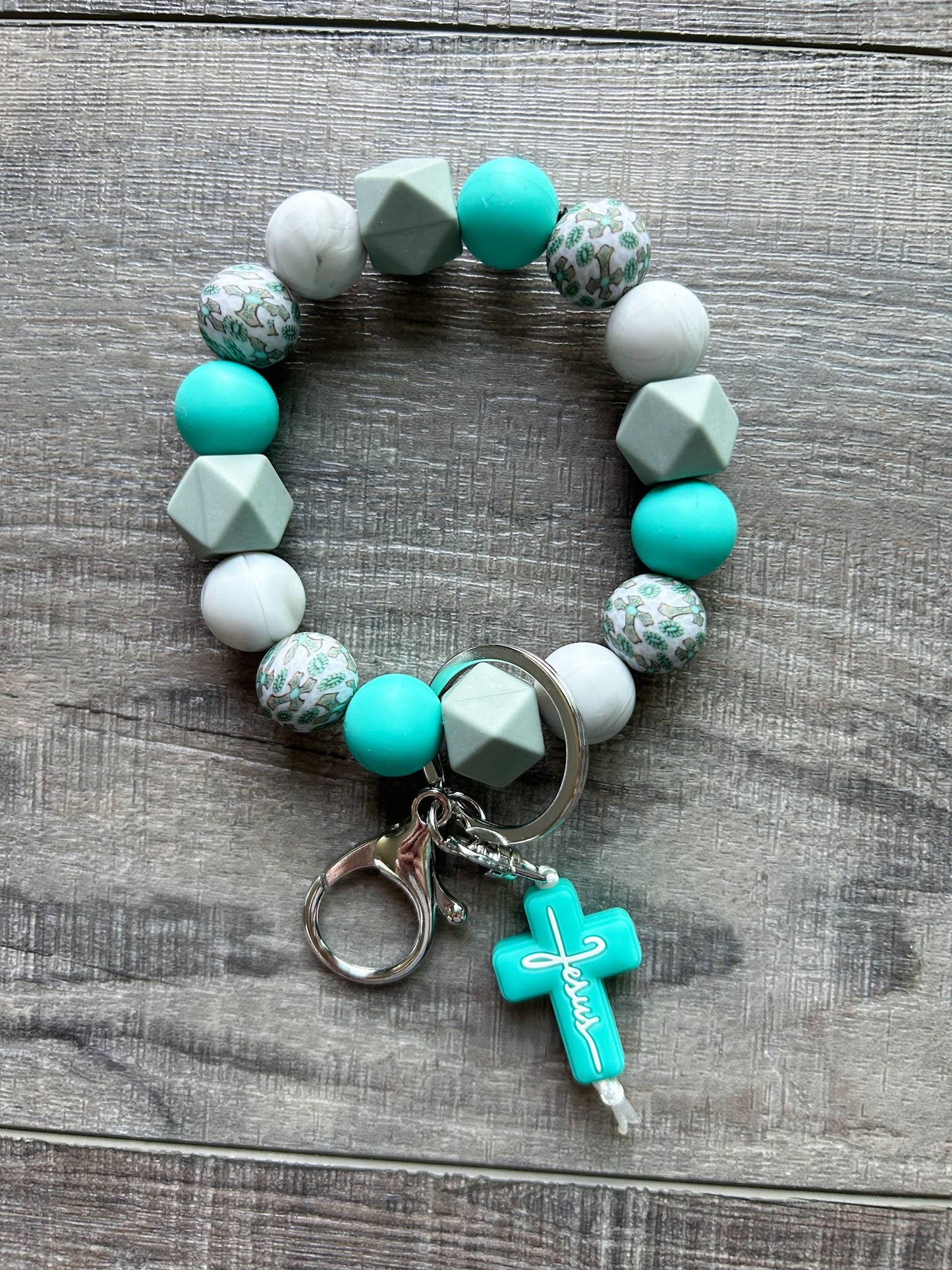 Faith Jesus Cross Wristlet Keychain: Teal
