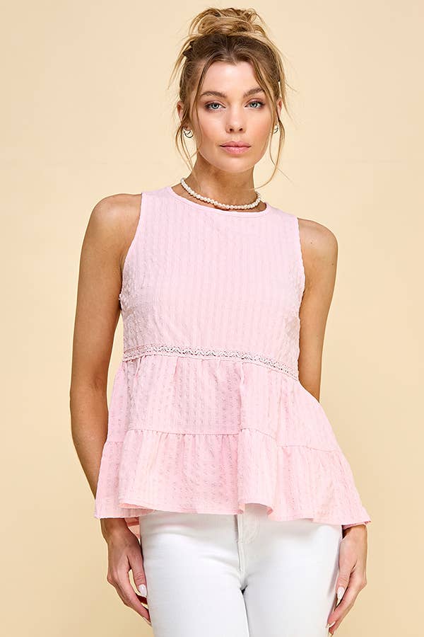 WK50480 - BABYDOLL TIER BUBLLE WOVEN TOP WITH TIE BACK: SATIN ROSE / S-M-L/2-2-2