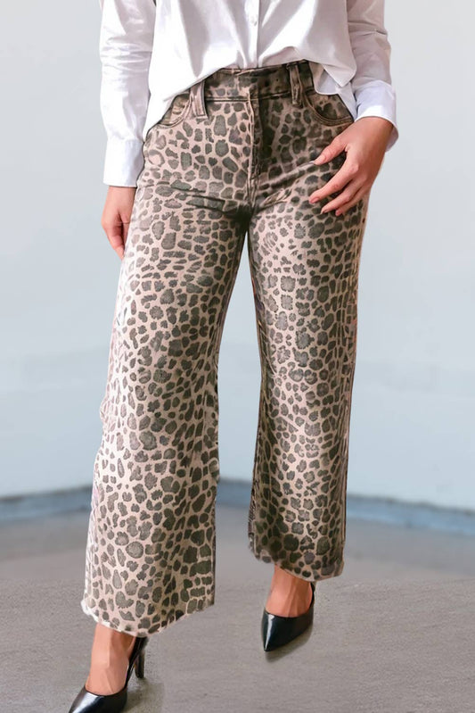 Leopard Frayed Edge Wide Leg High Waist Jeans | 4-16: As shown / Missy / 8