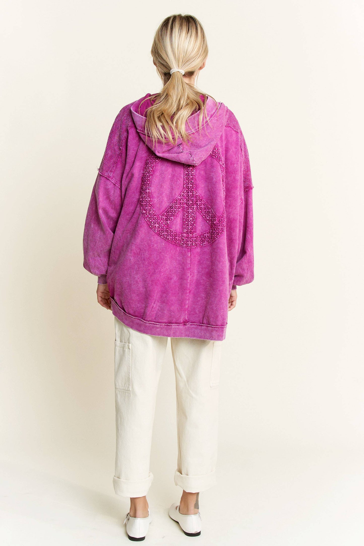 Mineral Wash Open Terry Cardigan with peace sign HT6086: Latte / S-M-L / 2-2-2