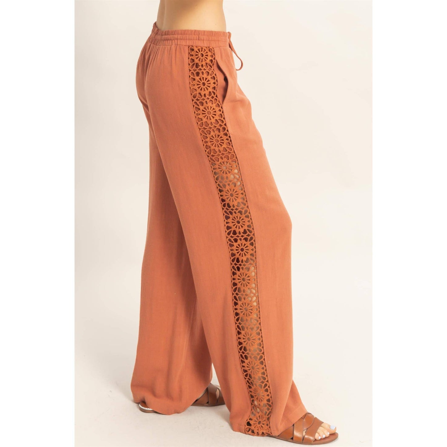 Lace Trim Wide Leg Pants: TERACOTTA / S-M-L(2-2-2)