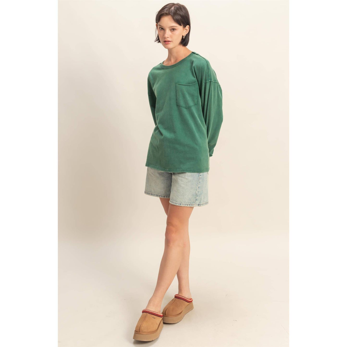 Oversized Washed Long Sleeve Pocket Tee: BLACK / S-M-L(2-2-2)