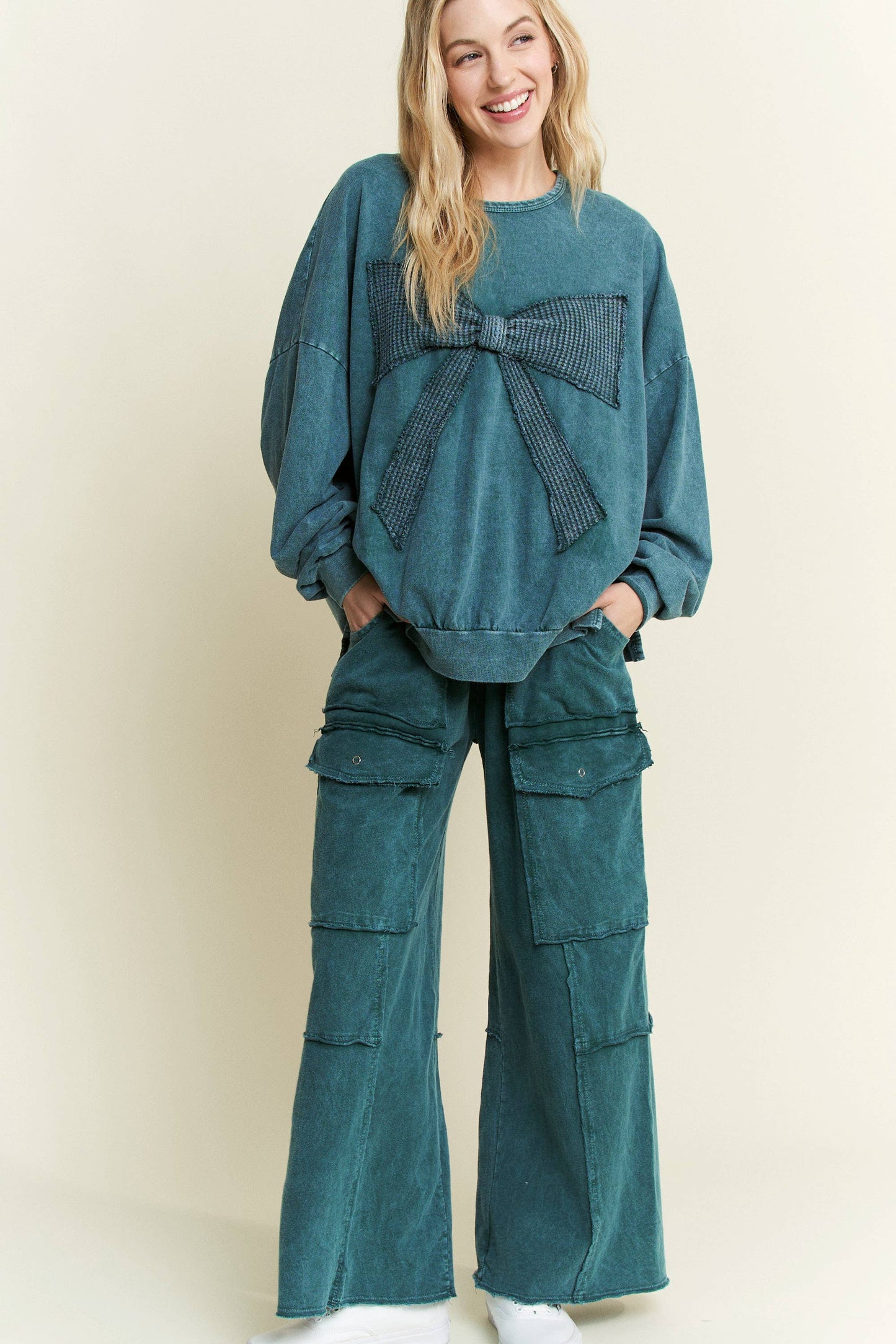 I'm a gift for you Waffle Ribbon bow terry top HT6129: Midnight Green / S-M-L / 2-2-2