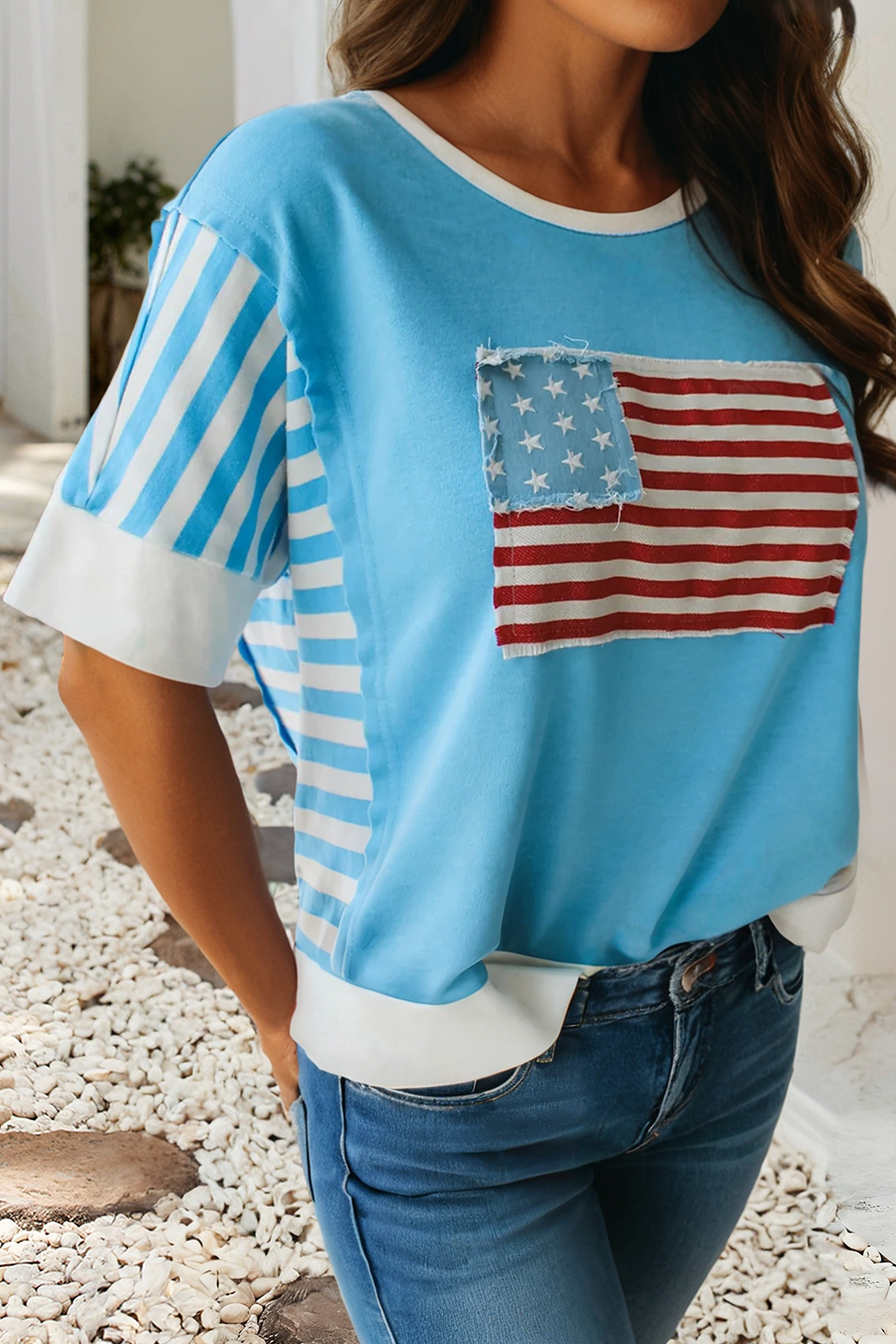 LDC Flag Print Patchwork Colorblock July 4th T Shirt: Light Blue / L