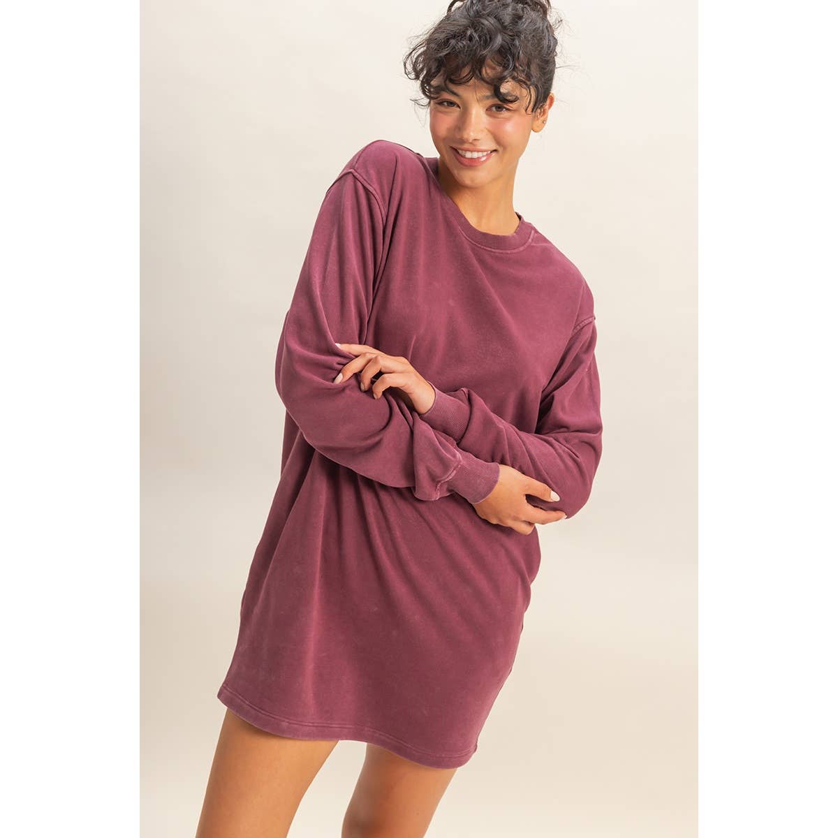 Mineral Washed Oversized Mini Sweatshirt Dress: CHESTNUT / S-M-L(2-2-2)