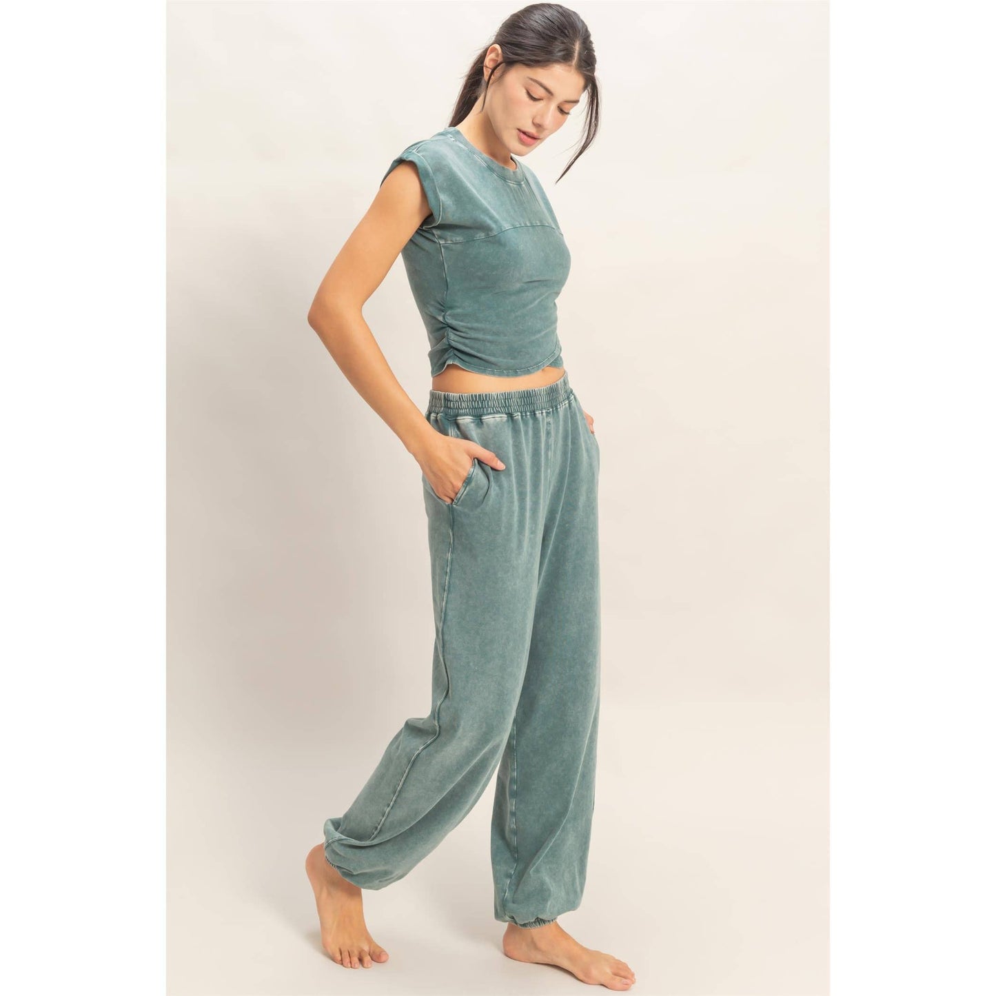Rolled Sleeve Wrap-Front Crop Top And Jogger Set: DARK TEAL / S-M-L(2-2-2)