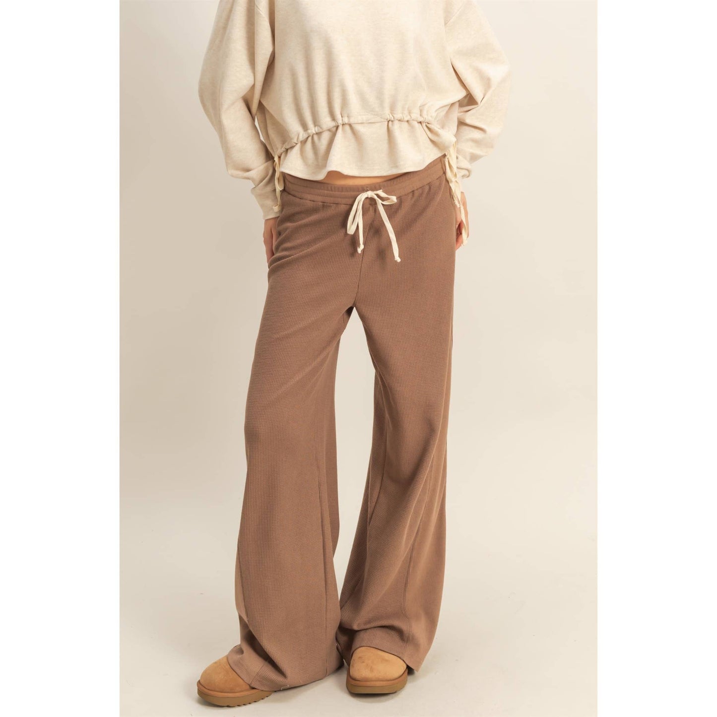 Waffled Knit Pants With Contrasting Ties: H.GRAY / S-M-L(2-2-2)