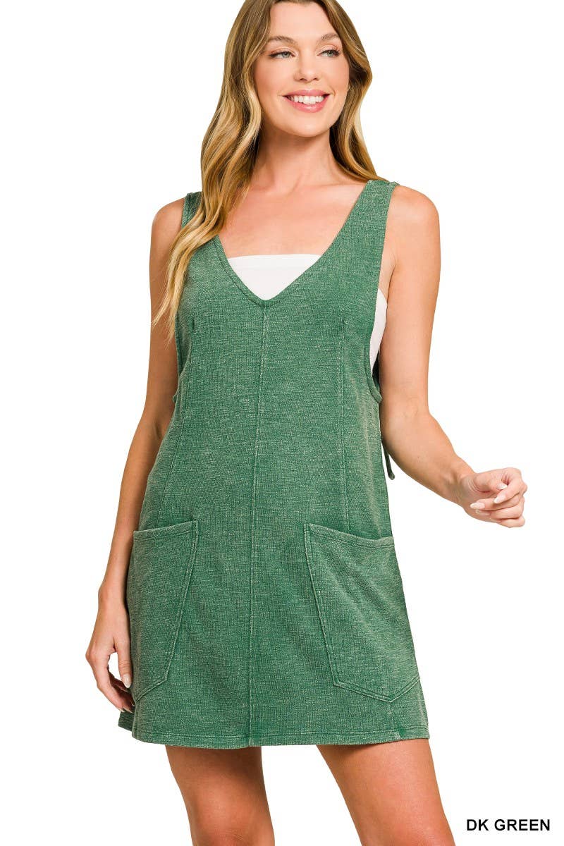 Washed Slub Adjustable Strap Overall Dress: DK GREEN / 2-2-2(S-M-L)