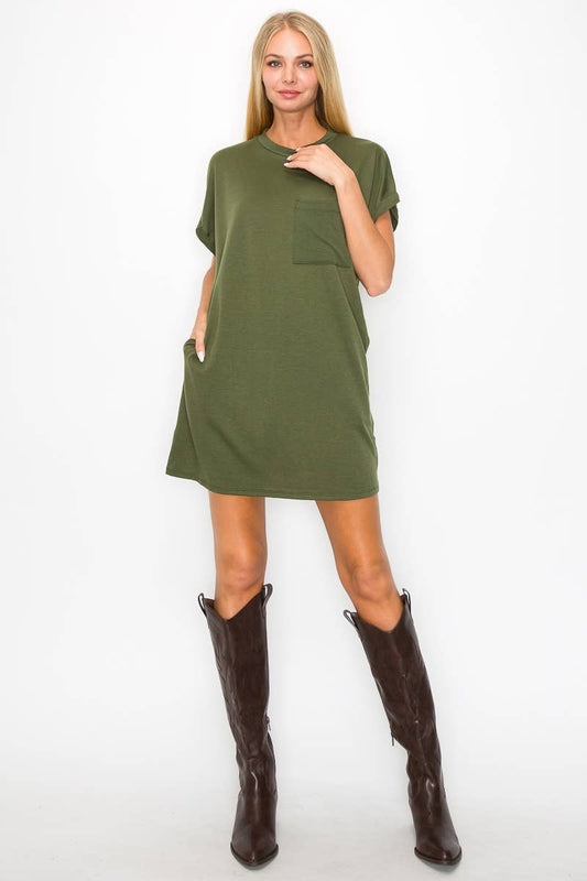 Round Neck Pocket Mini Dress HD1015: Olive / S-M-L / 2-2-2
