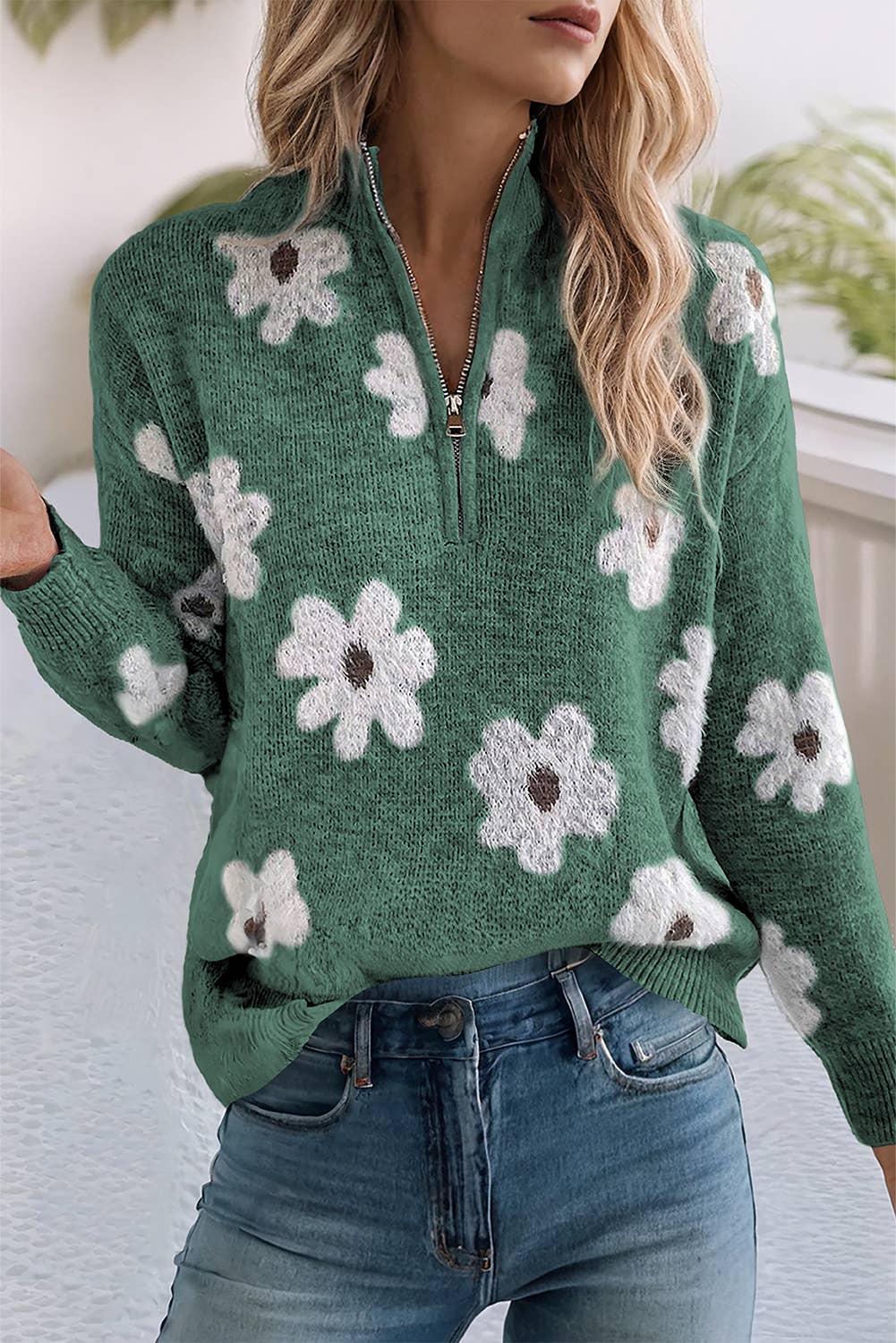 LDC Floral Pattern Drop Shoulder Half Zip Sweater: Green / Missy / L