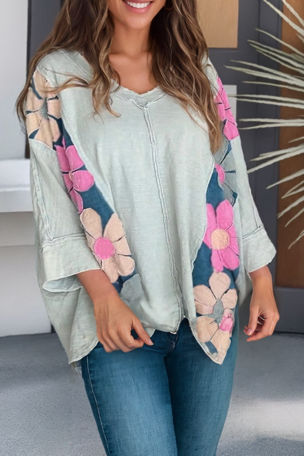 LDC Patchwork Floral V Neck Bracelet Sleeve Oversized Blouse: Green / XL